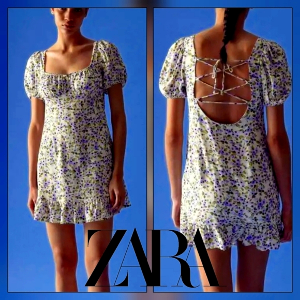Zara Lilac Mint Mini Dress w/ Puff Sleeves, Ruffle & Lace Back